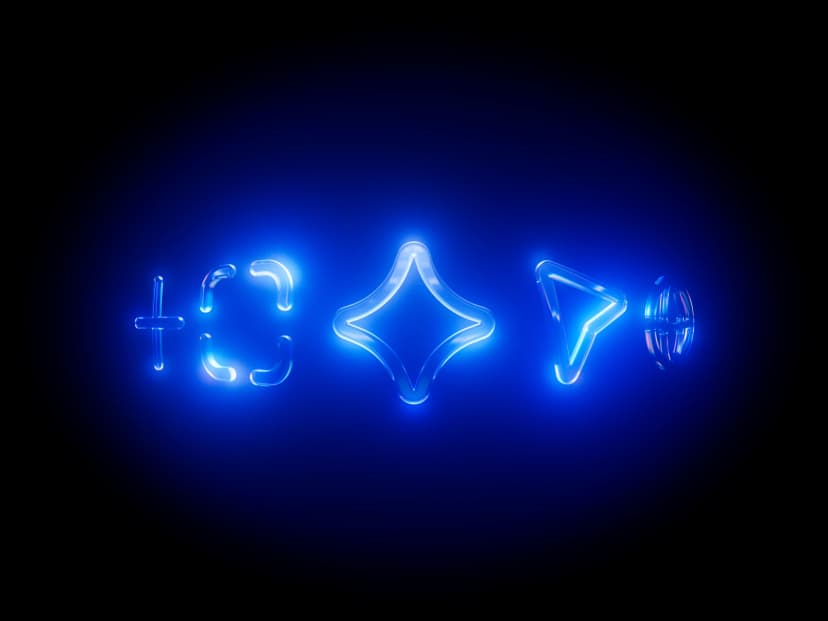 Iconos de vidrio iluminados en azul neón sobre fondo negro: un signo más, un marco de selección, una estrella de cuatro puntas, un cursor y un globo terráqueo