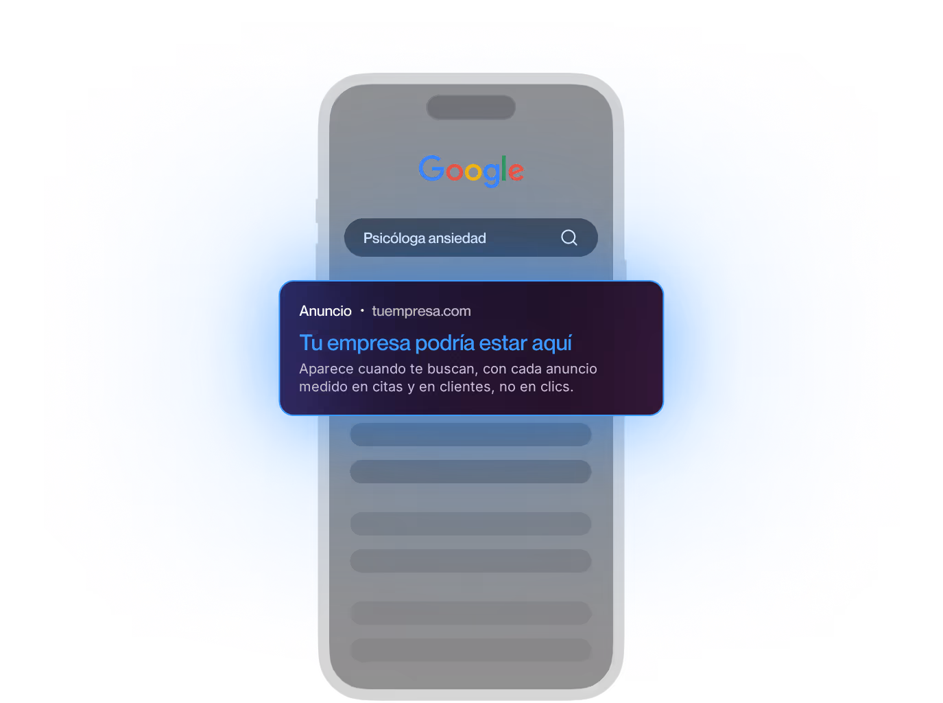 Un móvil con la búsqueda "psicóloga ansiedad" en Google y un anuncio encima de los resultados