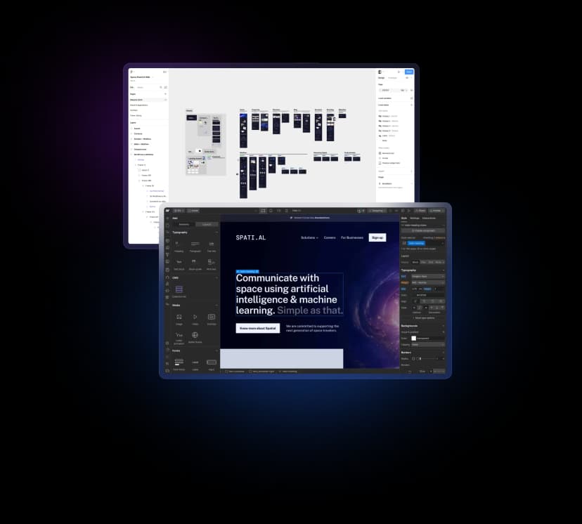 Un diseño en Figma y la misma web ya montada en el Designer de Webflow