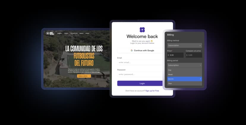 Web de una comunidad hecha en Webflow, con su inicio de sesión y su pantalla de pago