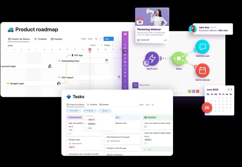 Herramientas conectadas a Webflow: una hoja de ruta de producto, tareas y automatizaciones